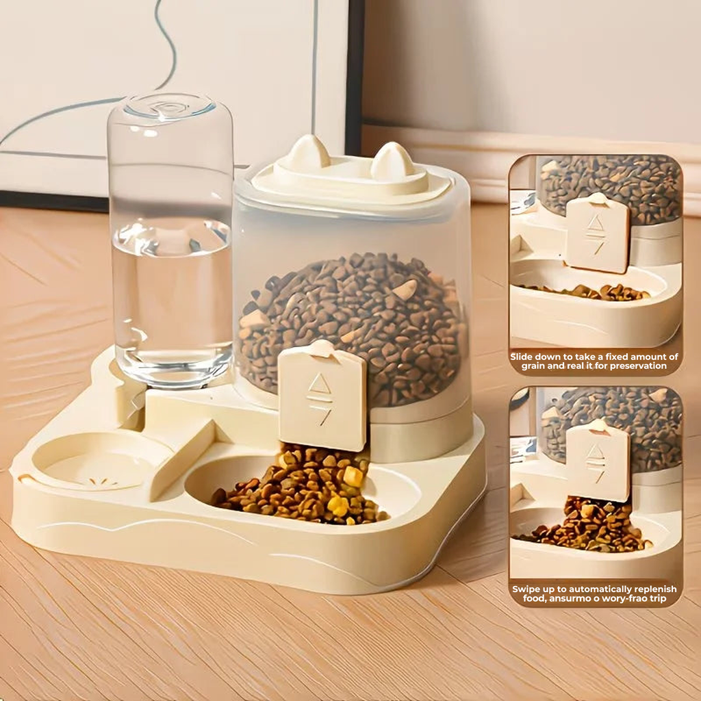 Cream 2-in-1 dog feeder and water dispenser with a gravity water bottle and kibble tank topping up the bowls