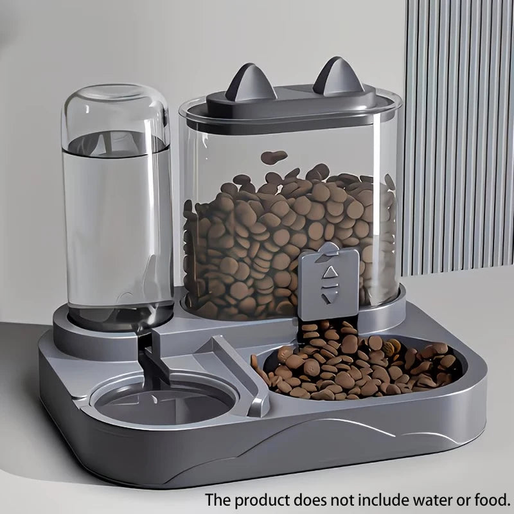 Gray 2-in-1 dog feeder and water dispenser with clear tanks showing the separate water and kibble sides
