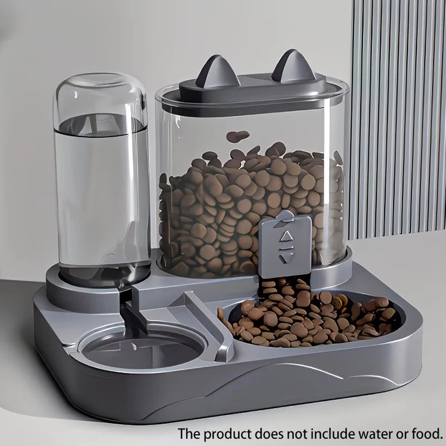 Gray 2-in-1 dog feeder and water dispenser with clear tanks showing the separate water and kibble sides