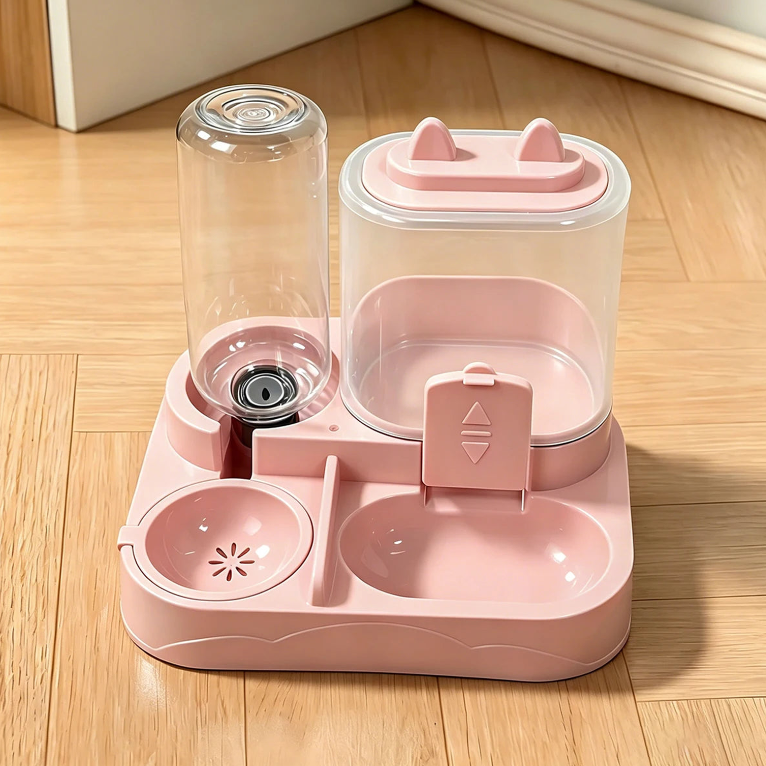 Pink 2-in-1 dog feeder and water dispenser shown empty, with two bowls and a lift-off cat-ear lid