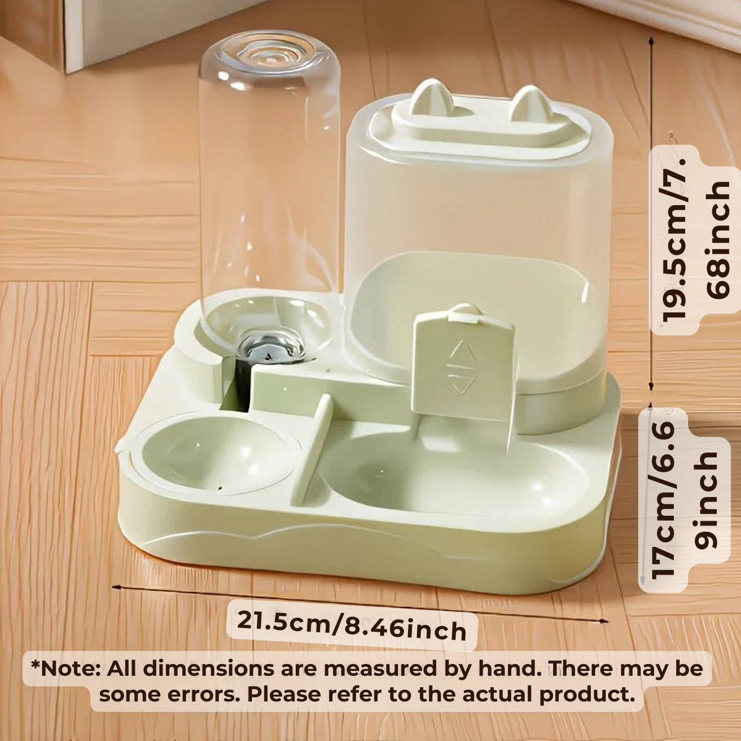 Green 2-in-1 dog feeder and water dispenser with size measurements, 8.46 inches wide and 7.68 inches tall