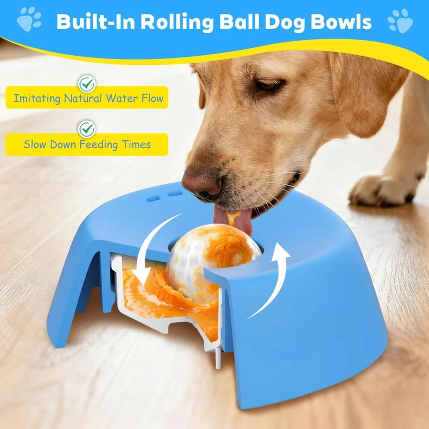 Dog licking broth from the rolling-ball dome of a blue anti-choking slow feeder dog bowl on a wood floor