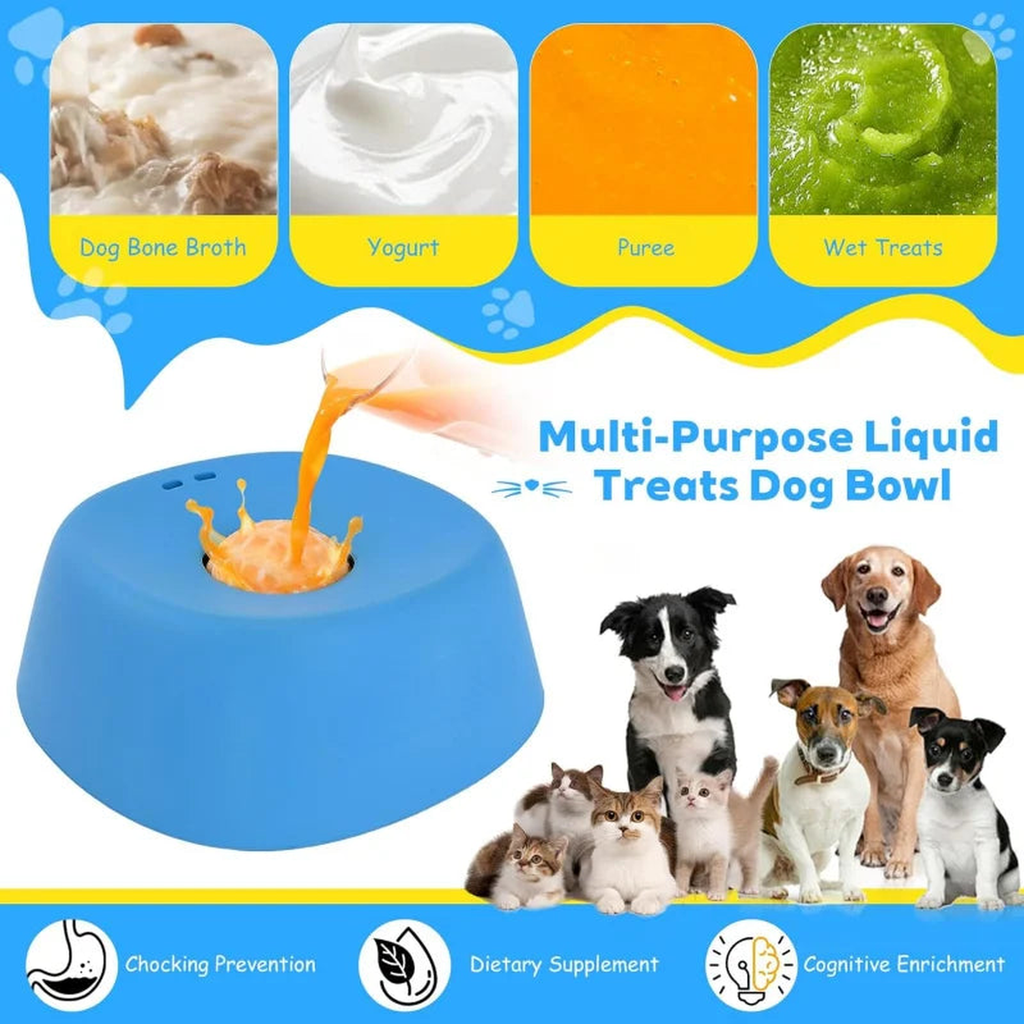Blue anti-choking slow feeder dog bowl shown with bone broth, yogurt, puree and wet treats for dogs and cats