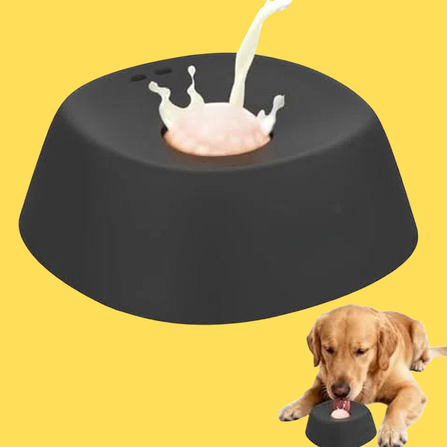 Milk poured over the dome of a charcoal anti-choking slow feeder dog bowl on a yellow background
