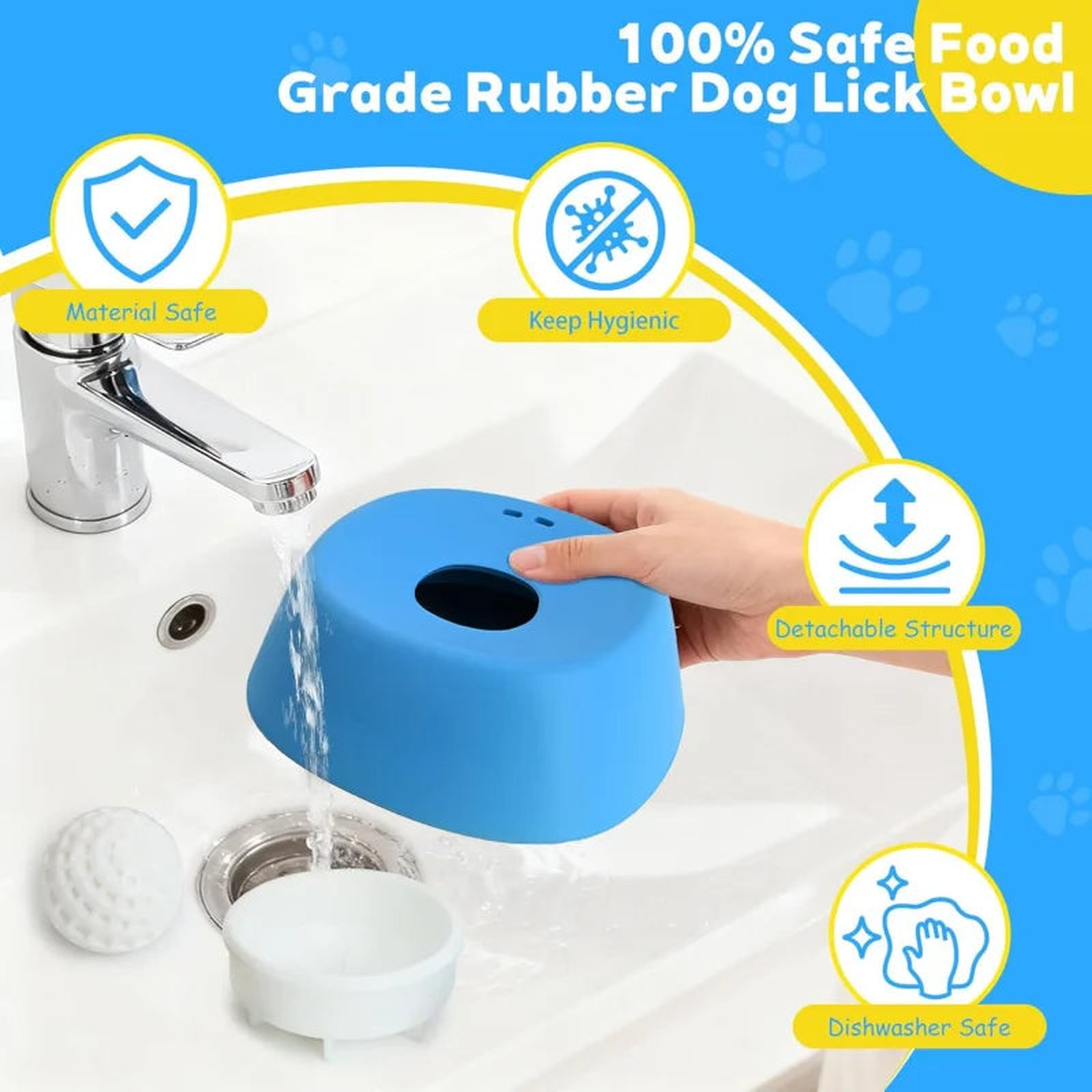 Hand rinsing a blue anti-choking slow feeder dog bowl under a tap with the detachable inner cup removed