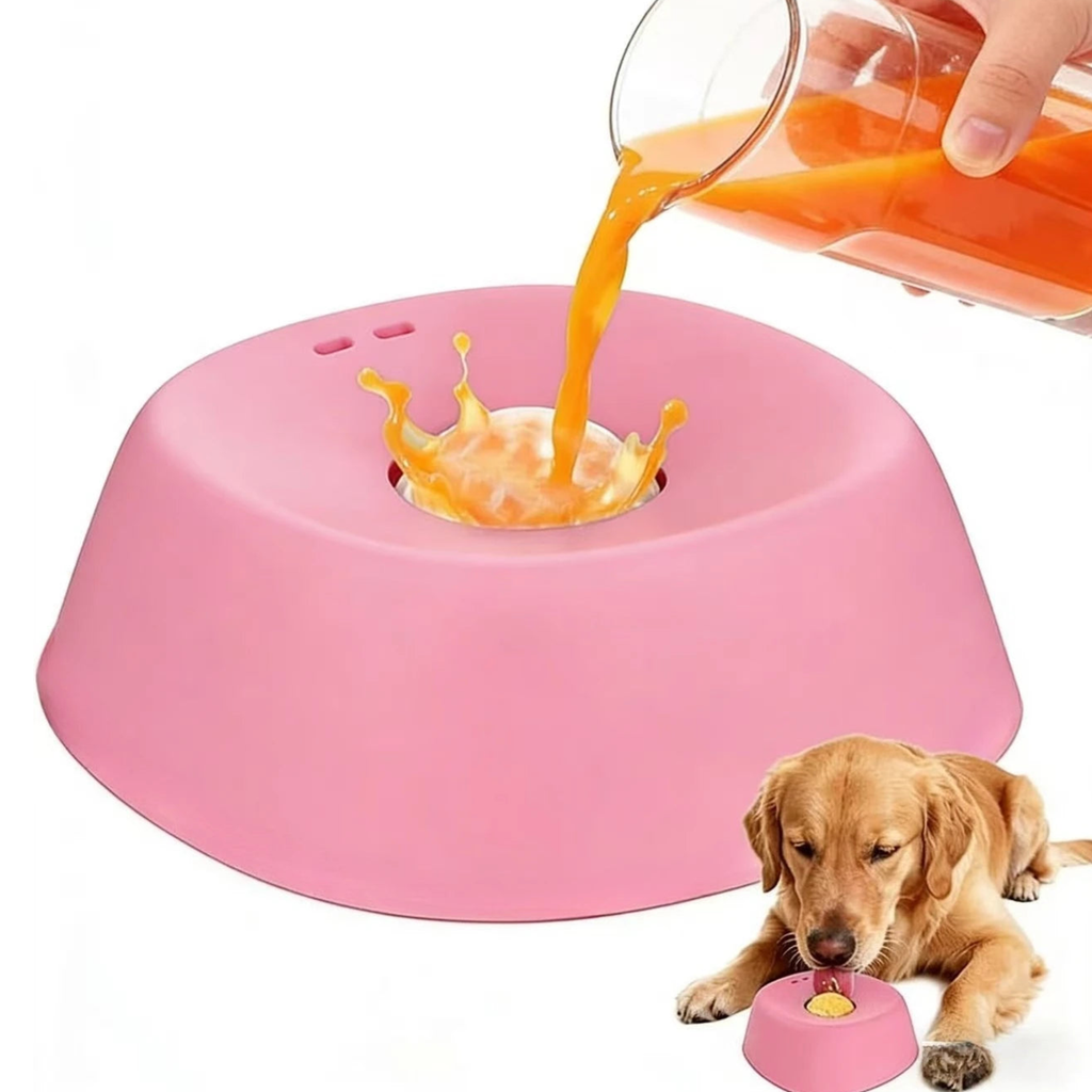 Broth poured over the center dome of a pink anti-choking slow feeder dog bowl, dog resting nearby