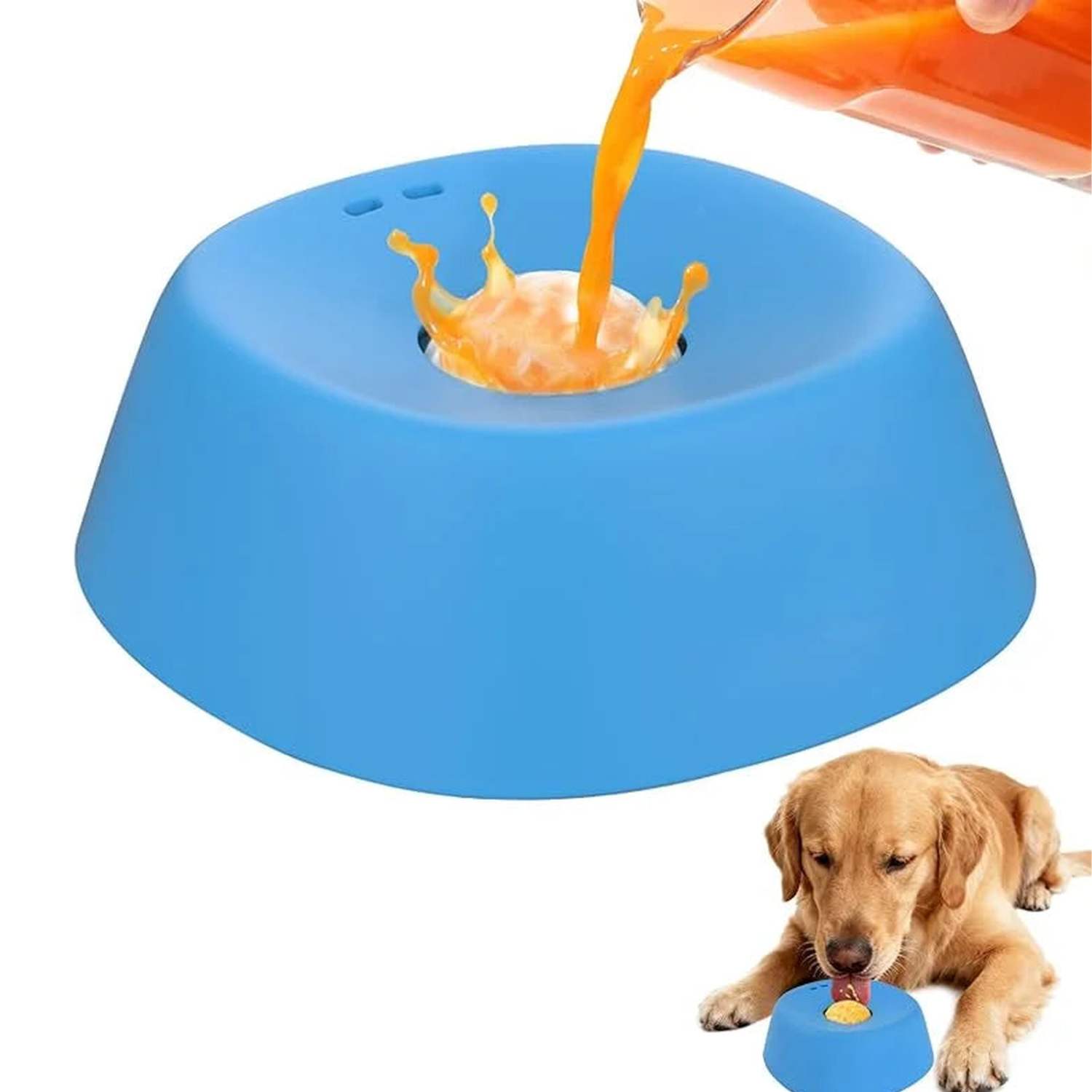 Broth splashing over the dome of a blue anti-choking slow feeder dog bowl, dog licking it in the corner