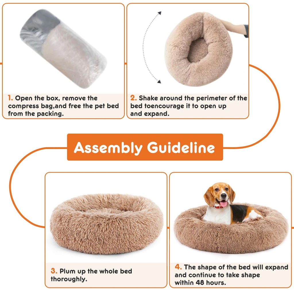 Assembly guideline showing the calming donut dog bed unpacked, fluffed, and expanded over 48 hours