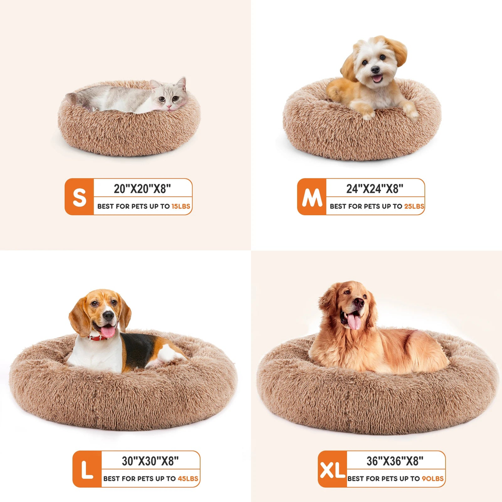 Calming donut dog bed size chart with cat and dogs from small to extra large in tan faux fur
