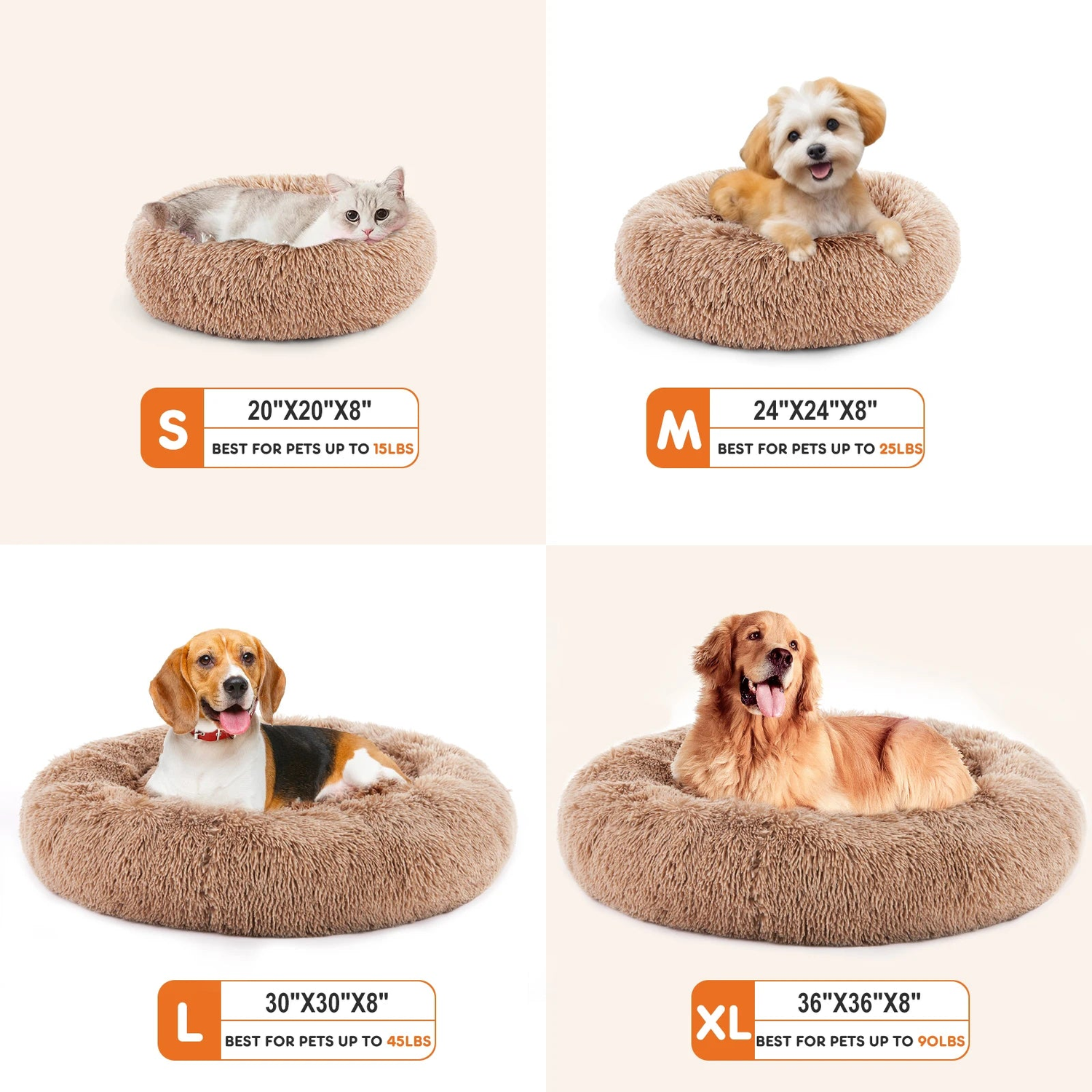 Calming donut dog bed size chart with cat and dogs from small to extra large in tan faux fur