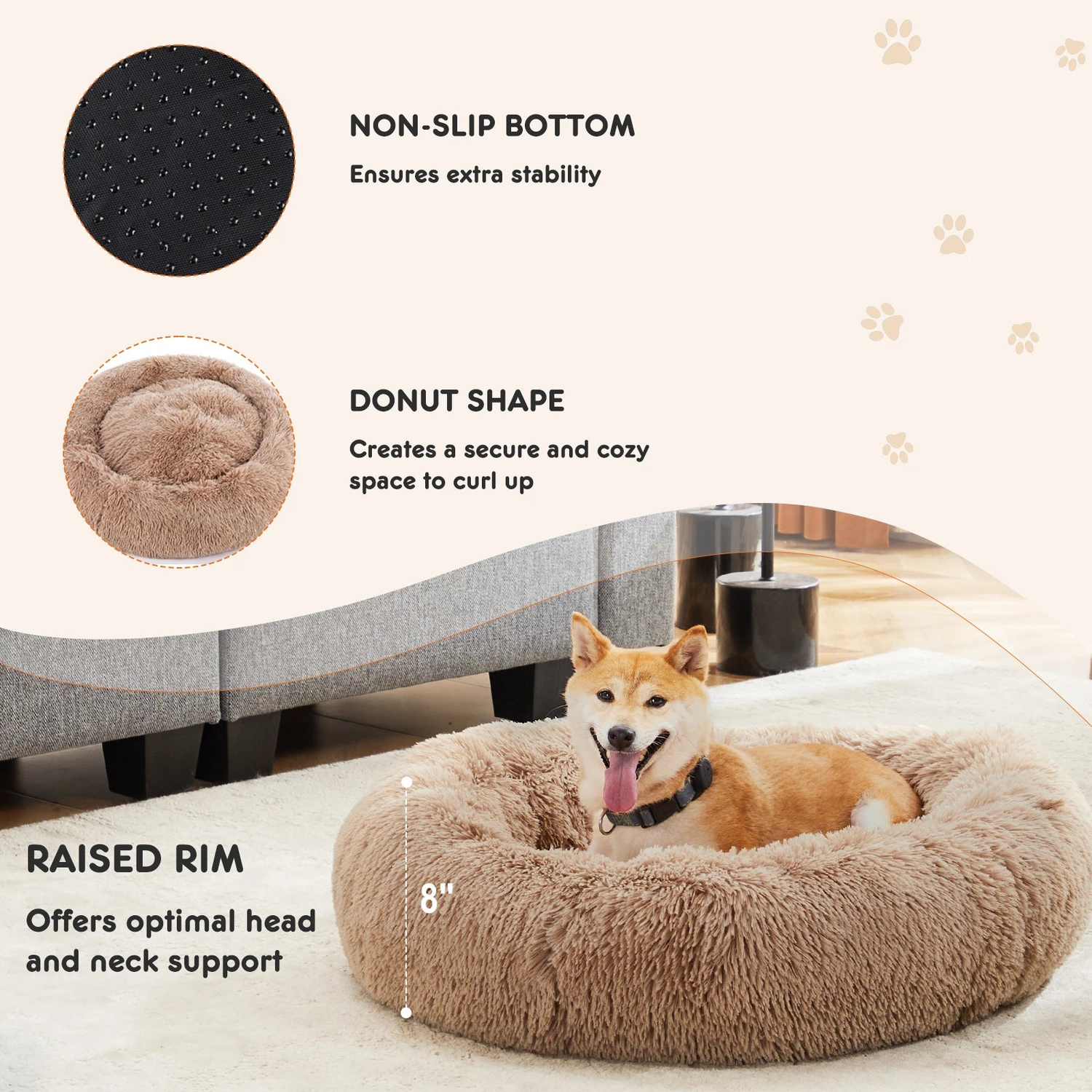 Shiba Inu on a tan calming donut dog bed, with insets for non-slip bottom, donut shape and raised rim
