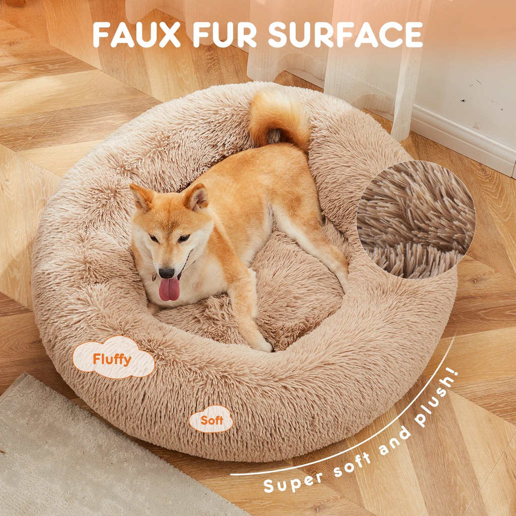 Shiba Inu stretching on a plush faux fur calming donut dog bed, fabric close-up showing soft surface