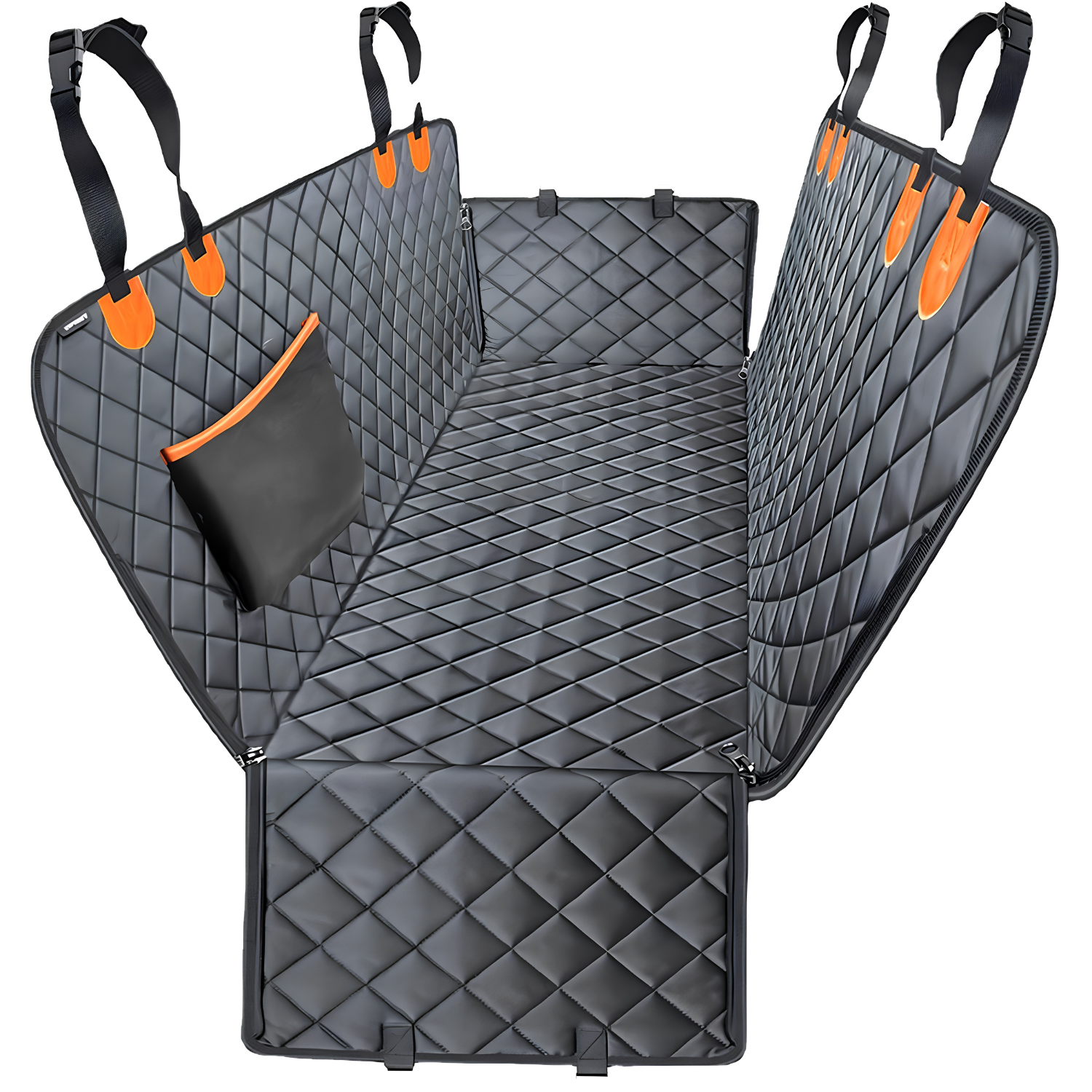 Quilted dog car seat cover hammock laid flat showing headrest straps, side flaps and storage pocket