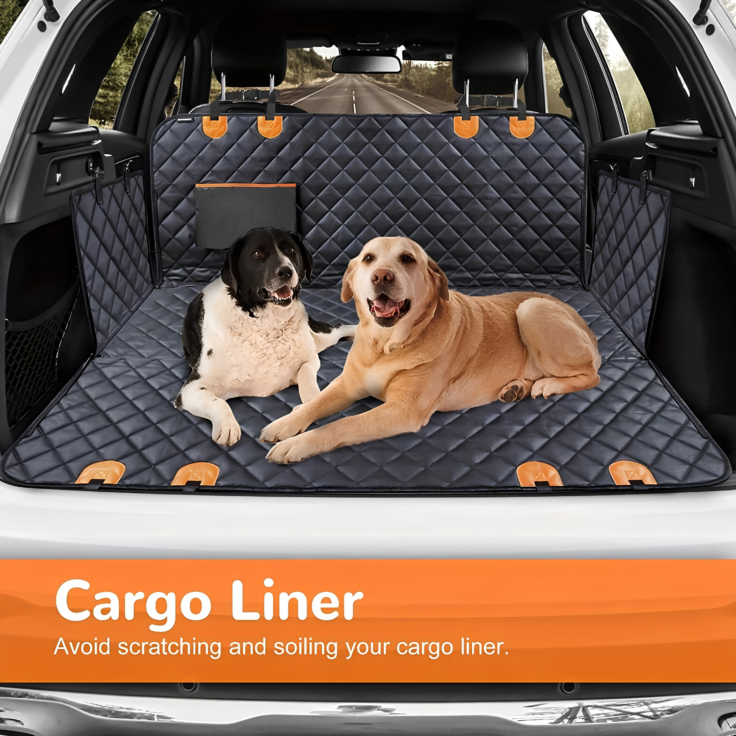 Two dogs lying on the cover used as an SUV cargo liner to protect the trunk from scratches and dirt
