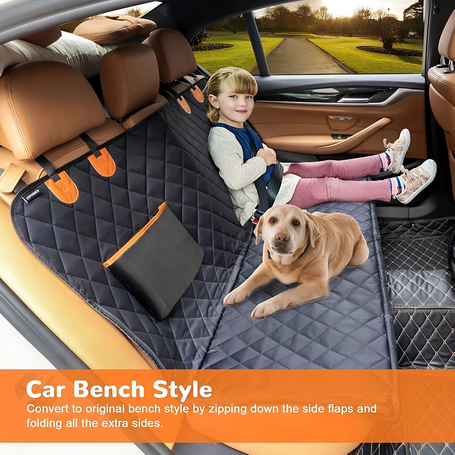 Child and dog riding on dog car seat cover in flat back bench mode with side flaps folded down