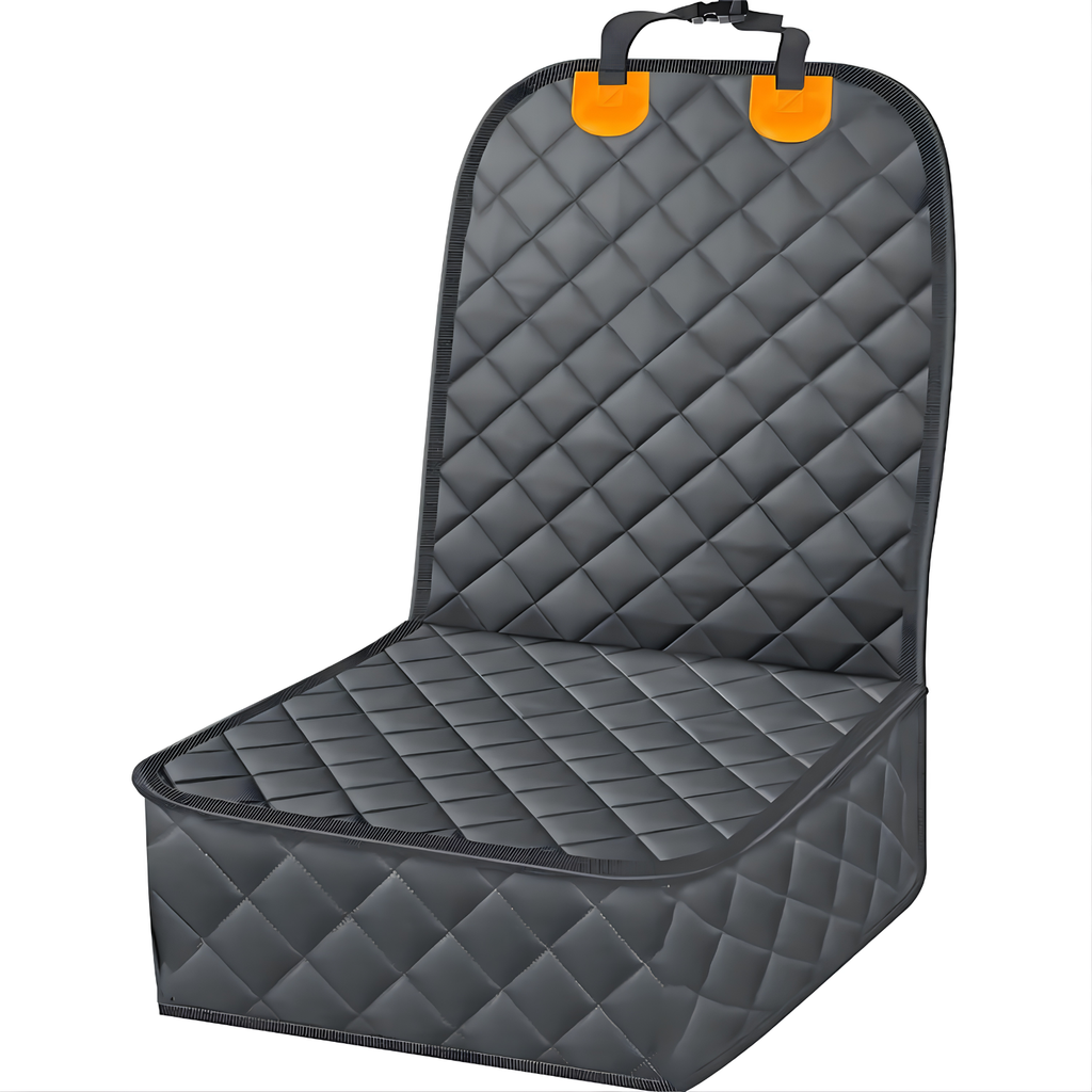 Quilted dog car seat cover folded into single front-seat shape with orange headrest strap clips