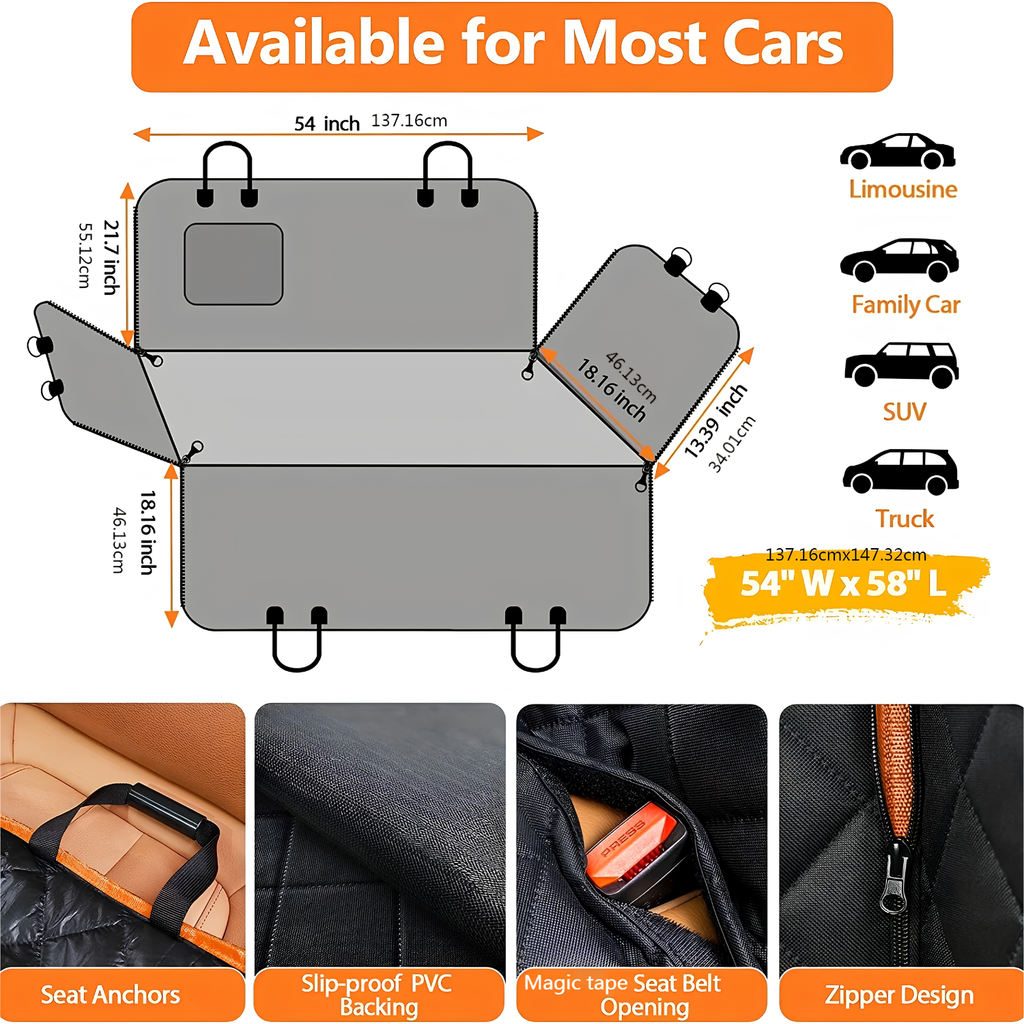 Dimensions diagram of the dog car seat cover hammock with seat anchors, belt opening and zipper detail