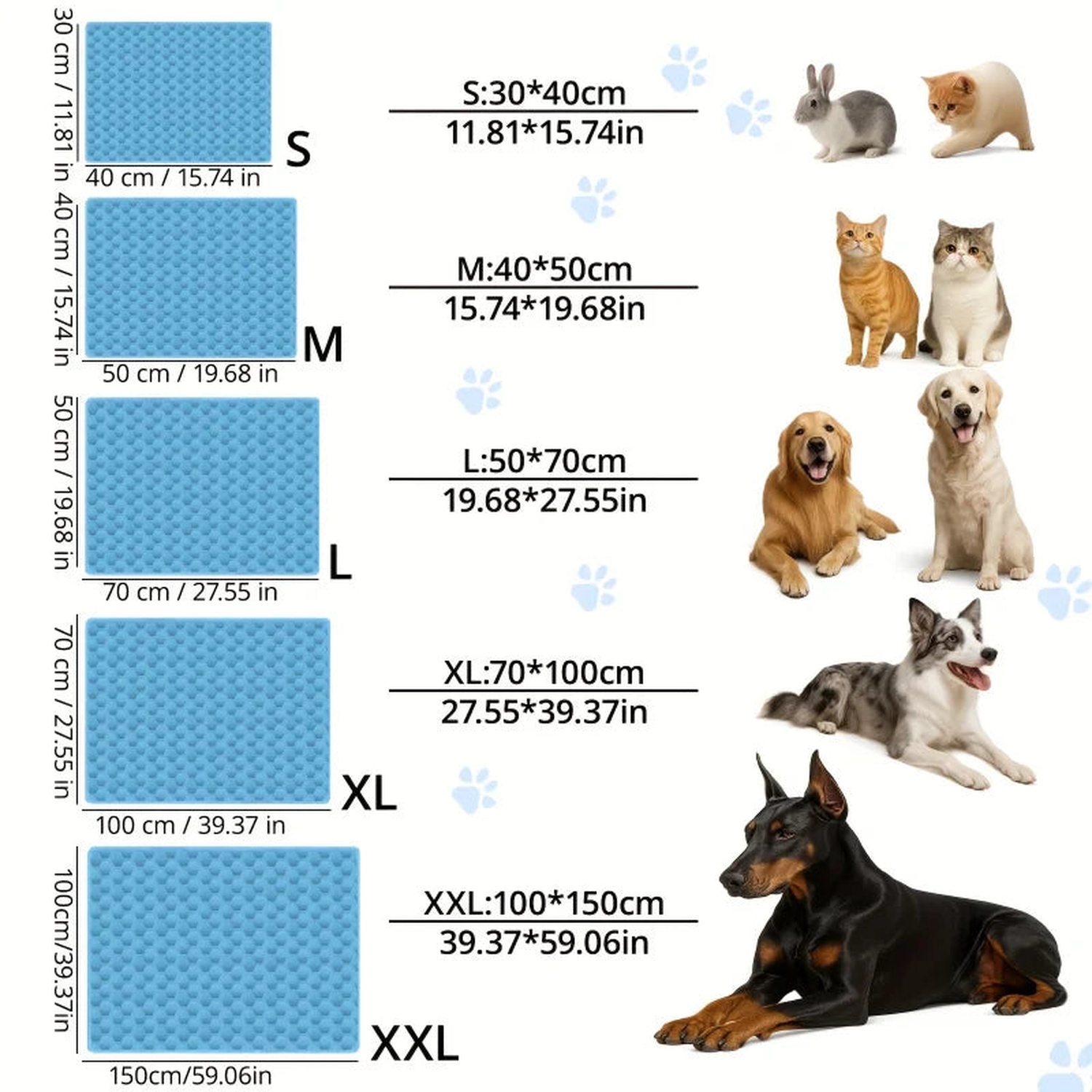 Dog cooling mat size chart from S to XXL with dogs and cats shown next to each size