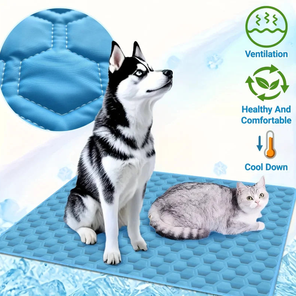 Husky and gray cat lying on an ice silk cooling mat with a close-up of the breathable surface