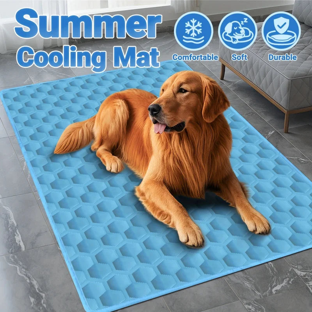 Golden retriever lounging on a blue summer dog cooling mat on a tile floor