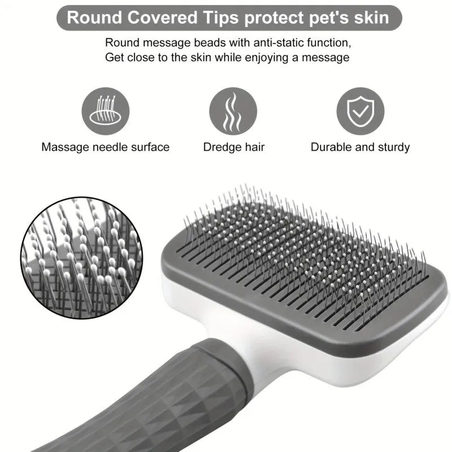 Close-up of the dog deshedding brush bristle bed with round covered tips that glide over a pet's skin