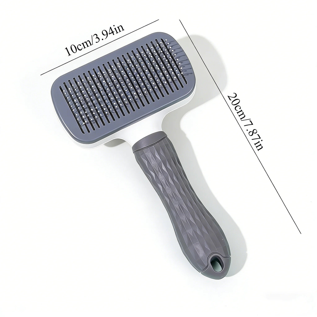 Dog deshedding brush shown with size measurements, 10 cm wide head and 20 cm total length