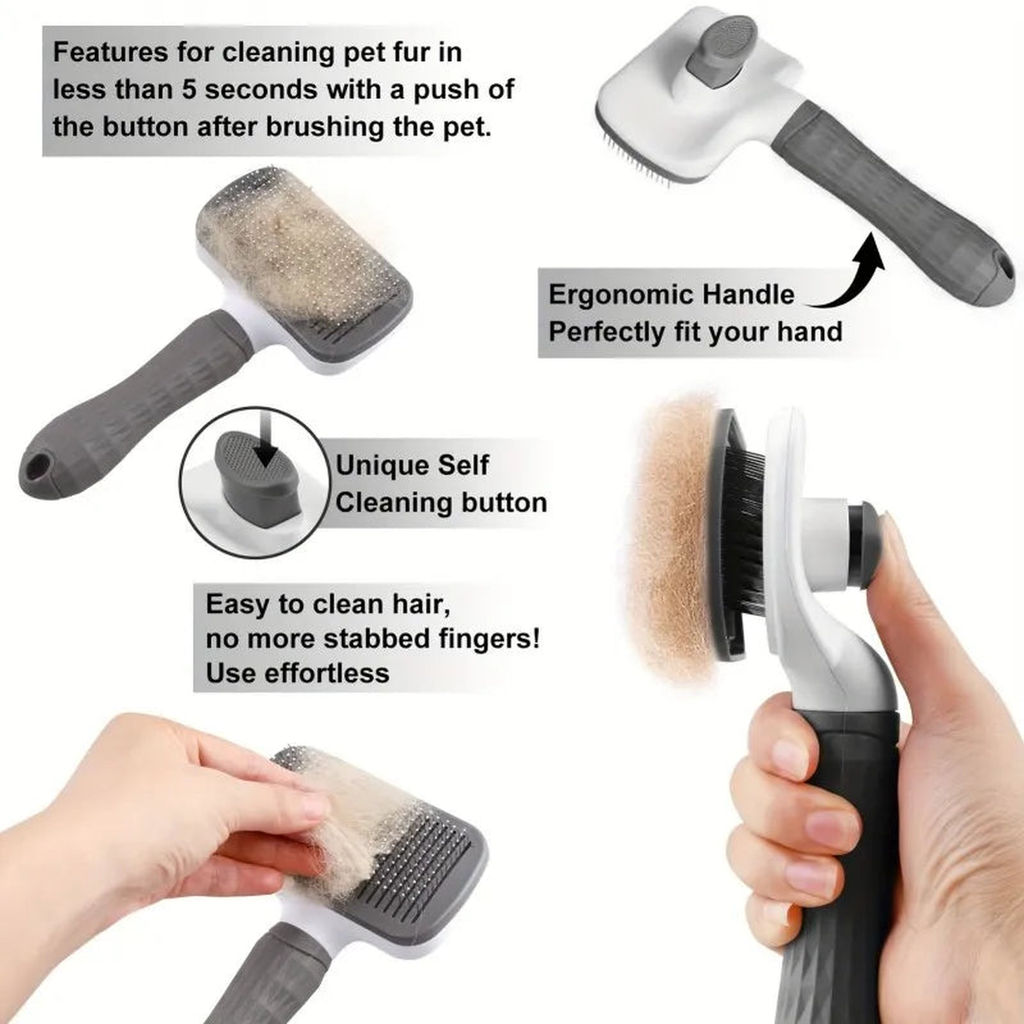 Deshedding brush bristle bed packed with loose fur lifting off in one piece after a button press