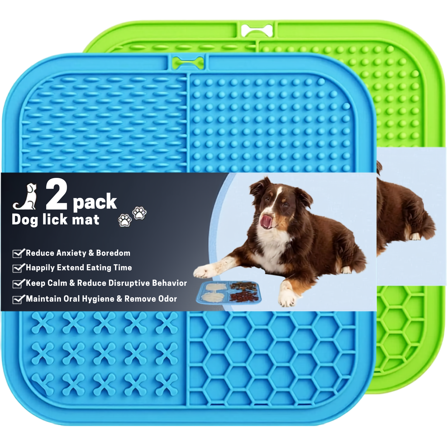 Blue and green dog lick mat with suction cups, 2-pack slow feeder for calmer baths and grooming