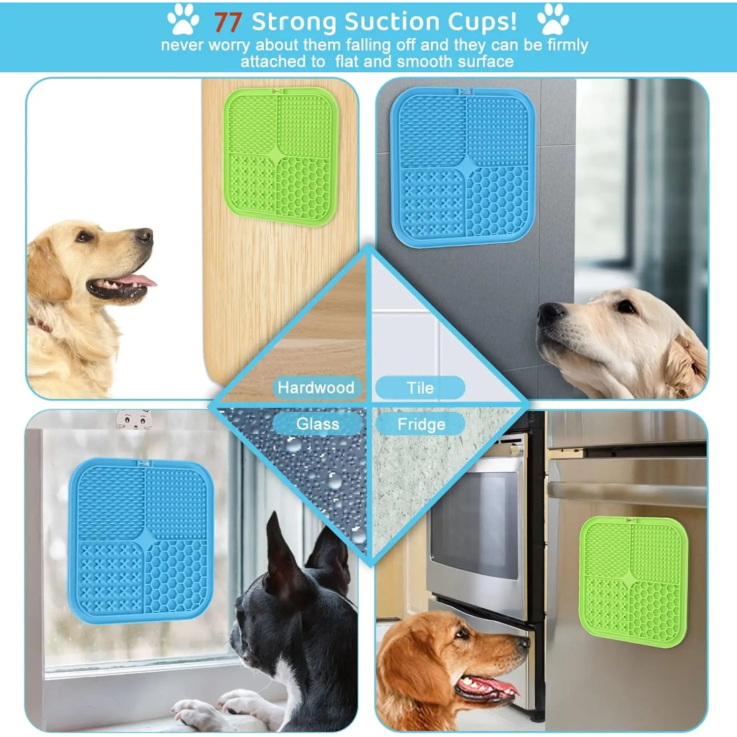 Dog lick mat with suction cups gripping hardwood, tile, glass, and fridge surfaces as dogs lick each one