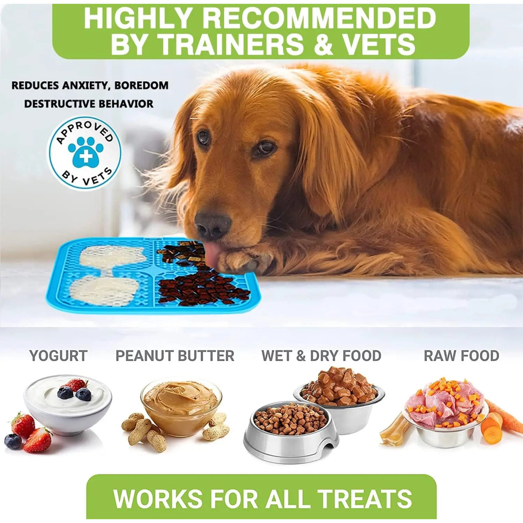 Golden retriever licking a blue lick mat spread with yogurt, peanut butter, wet food, and raw food