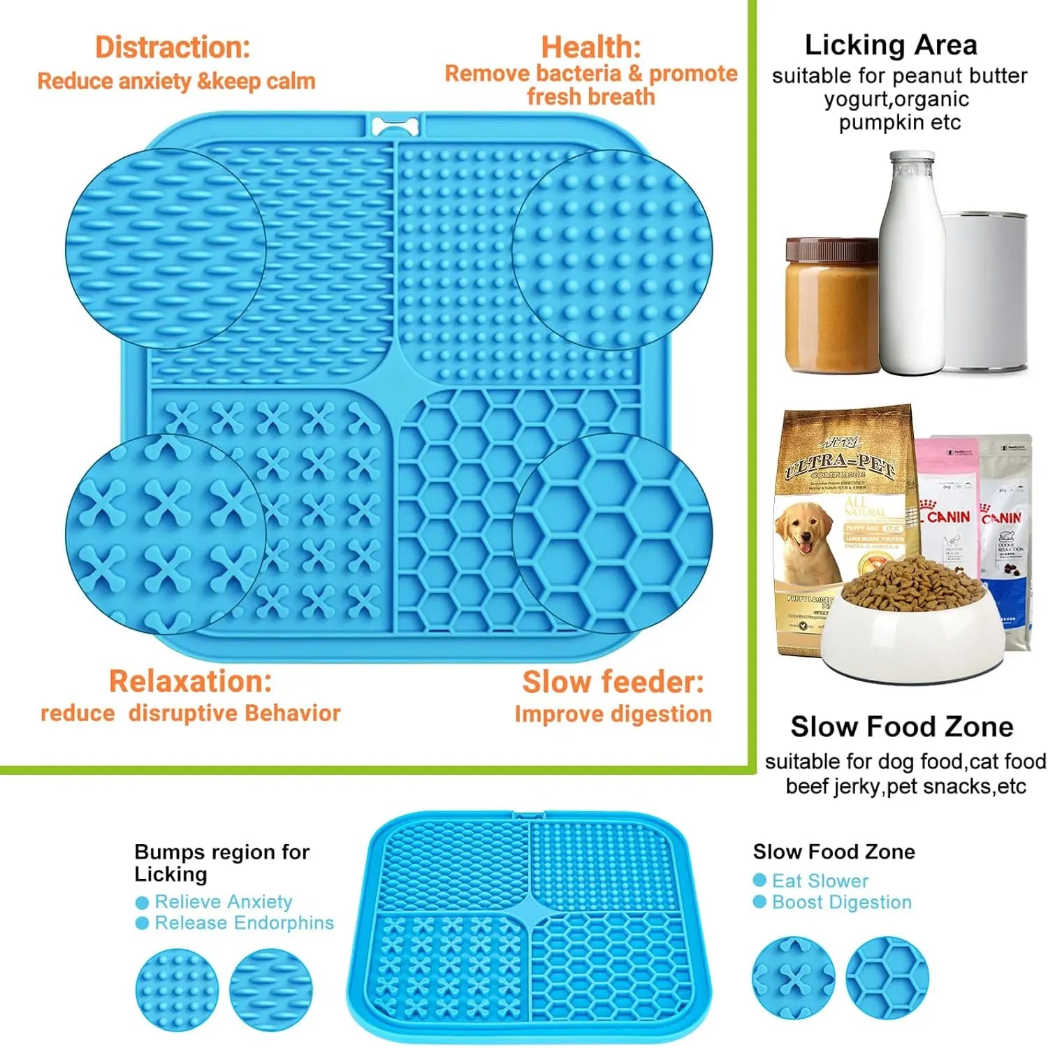 Close-up of dog lick mat with suction cups showing licking bumps and honeycomb slow feeder grooves