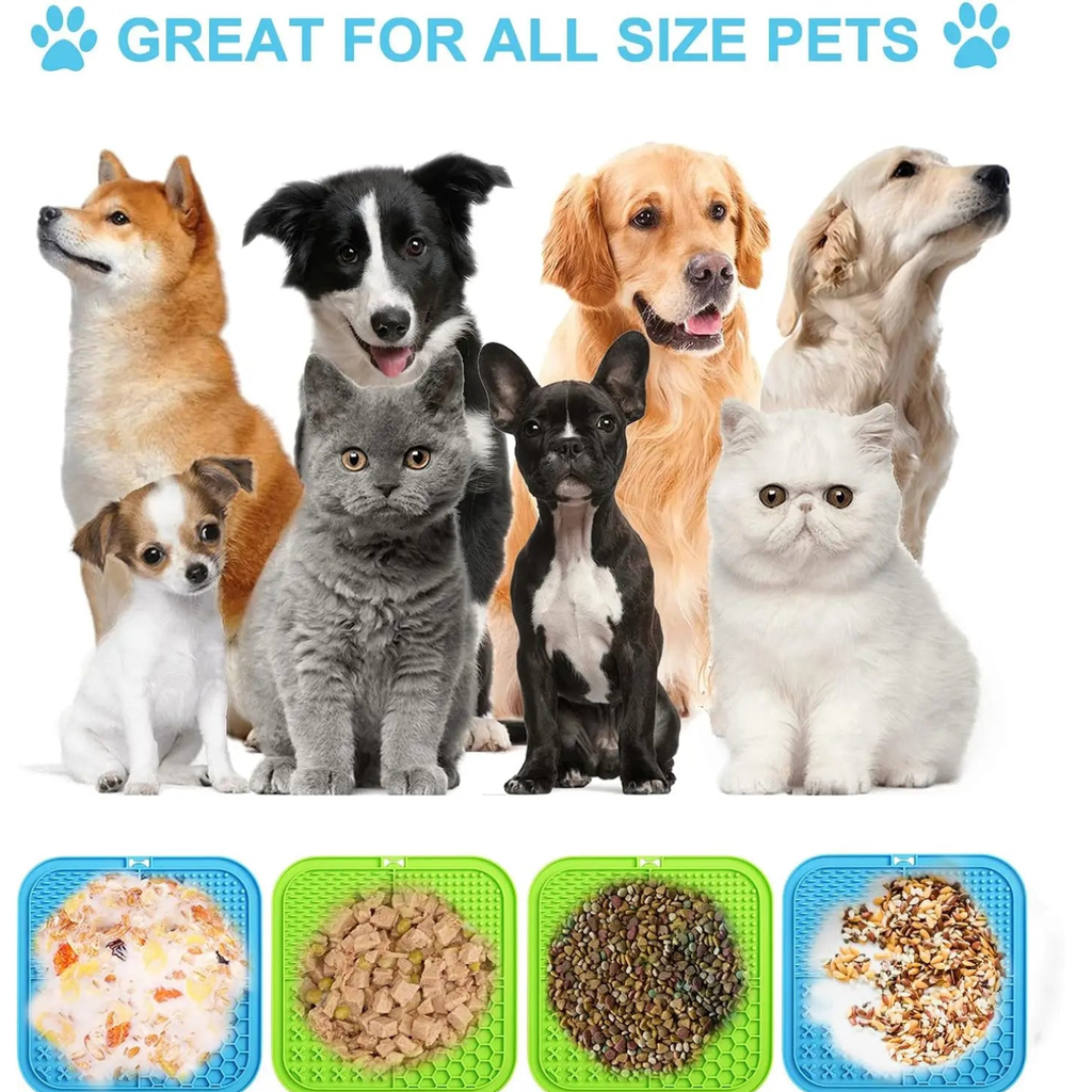 Lick mat for dogs and cats of all sizes, four mats loaded with yogurt, wet food, and kibble