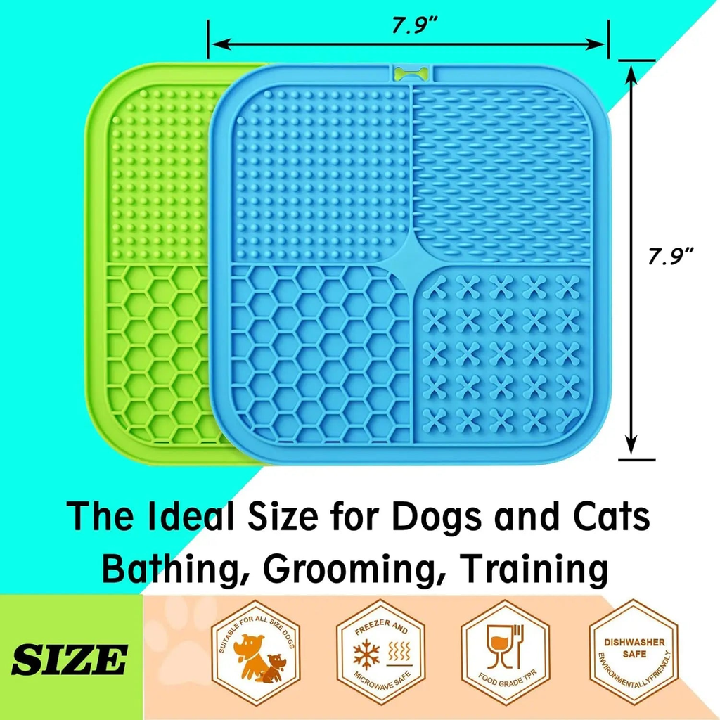 Blue and green dog lick mat with suction cups, 7.9 inch dishwasher and freezer safe slow feeder