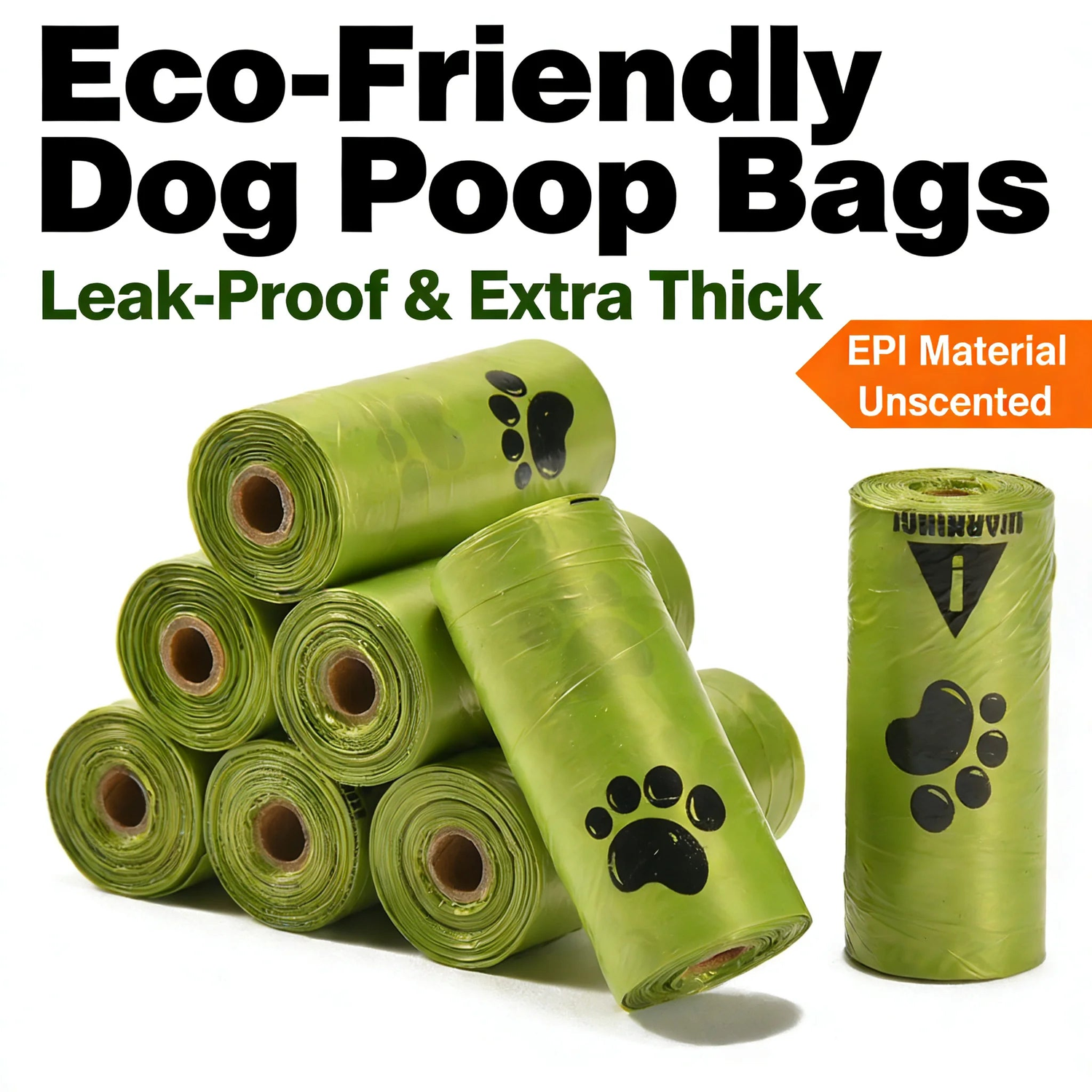 Stacked green rolls of leak proof dog poop bags, extra thick and unscented for everyday walks