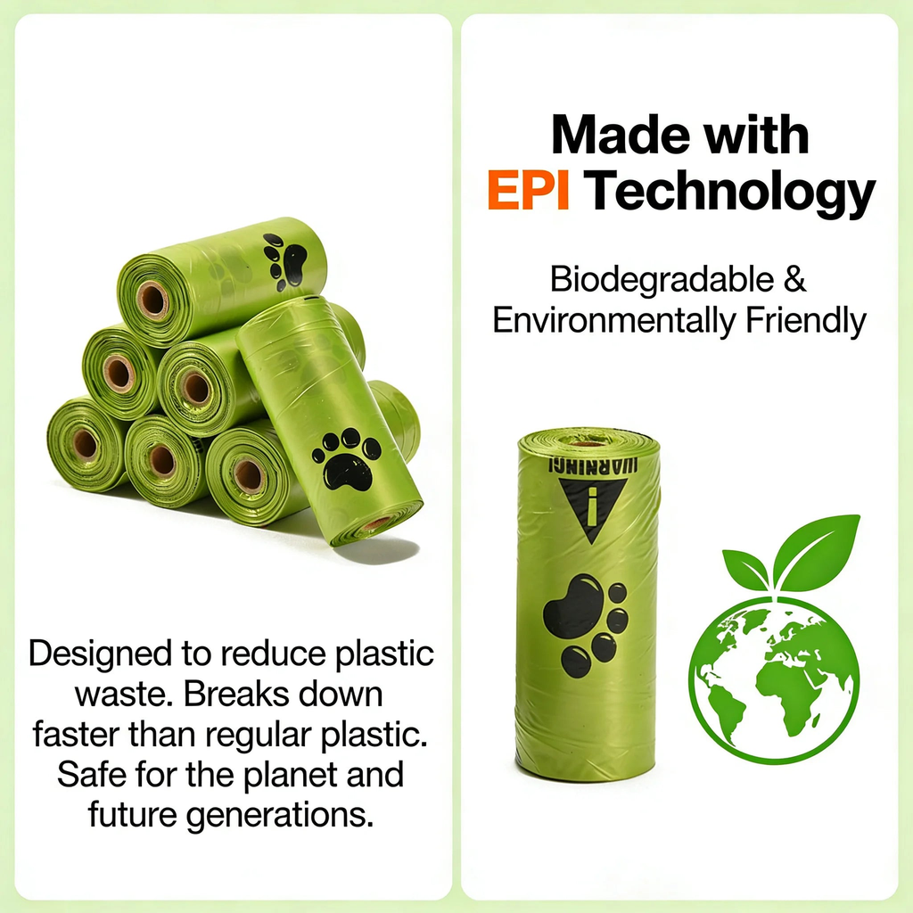 Green dog poop bag rolls beside an earth and leaf icon showing biodegradable EPI material