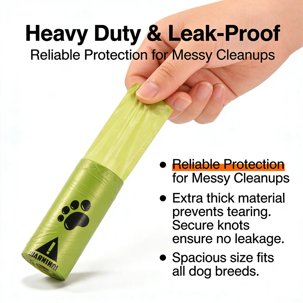 Hand holding a single green roll of extra thick leak proof dog poop bags