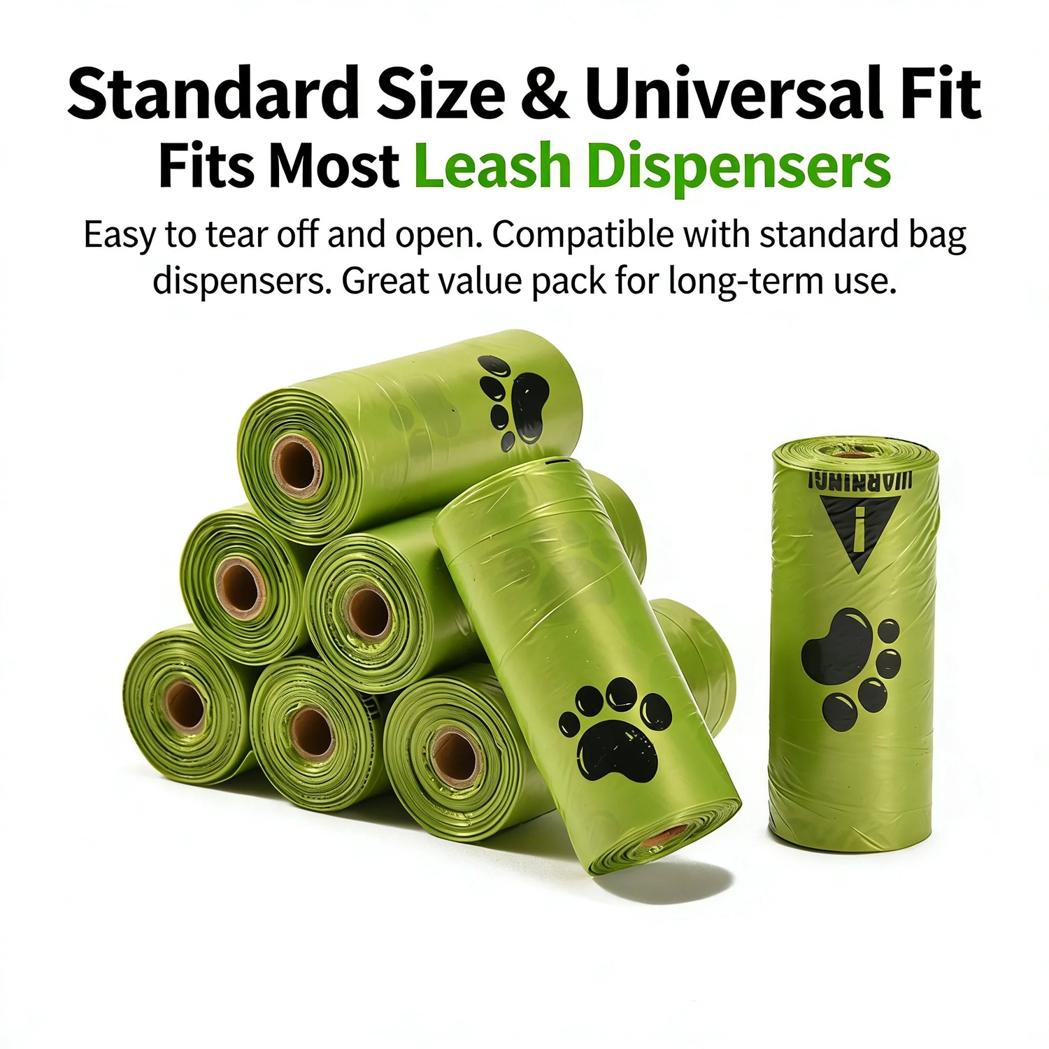 Pyramid of green dog poop bag rolls sized to fit most standard leash dispensers