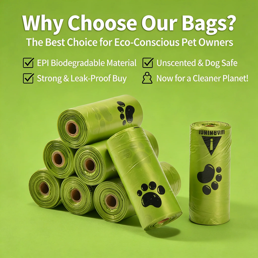 Green rolls of eco-friendly dog poop bags with leak proof and unscented benefit checklist