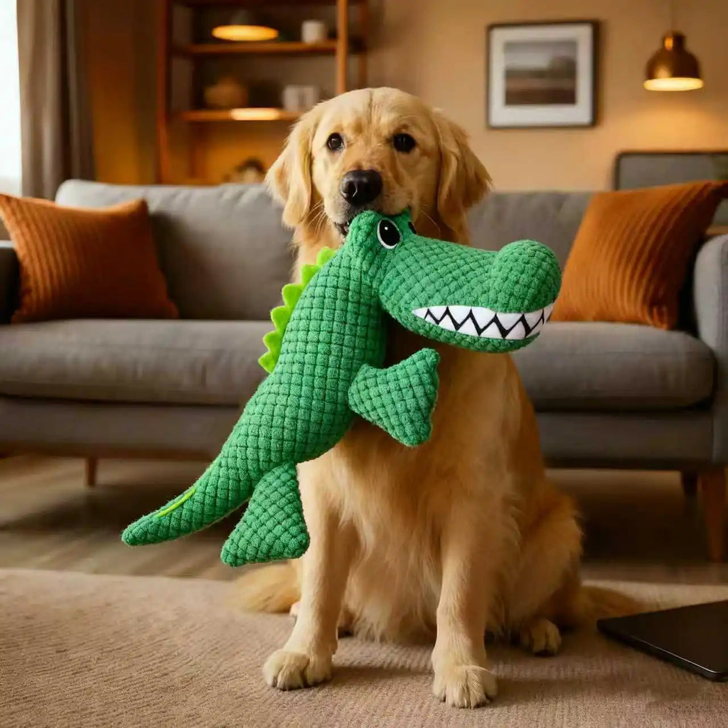 Golden retriever sitting on a living room rug carrying the crocodile no stuffing squeaky dog toy