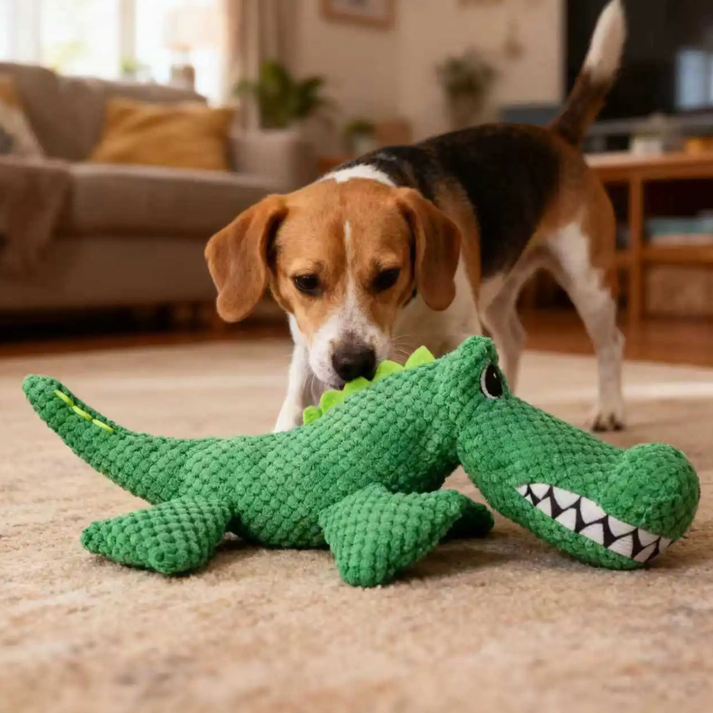 Beagle sniffing a green crocodile no stuffing squeaky dog toy on a carpeted living room floor
