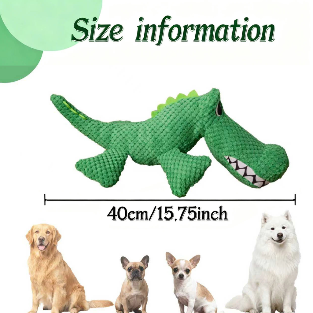 Green crocodile no stuffing squeaky dog toy with 40cm size chart next to four dog breeds