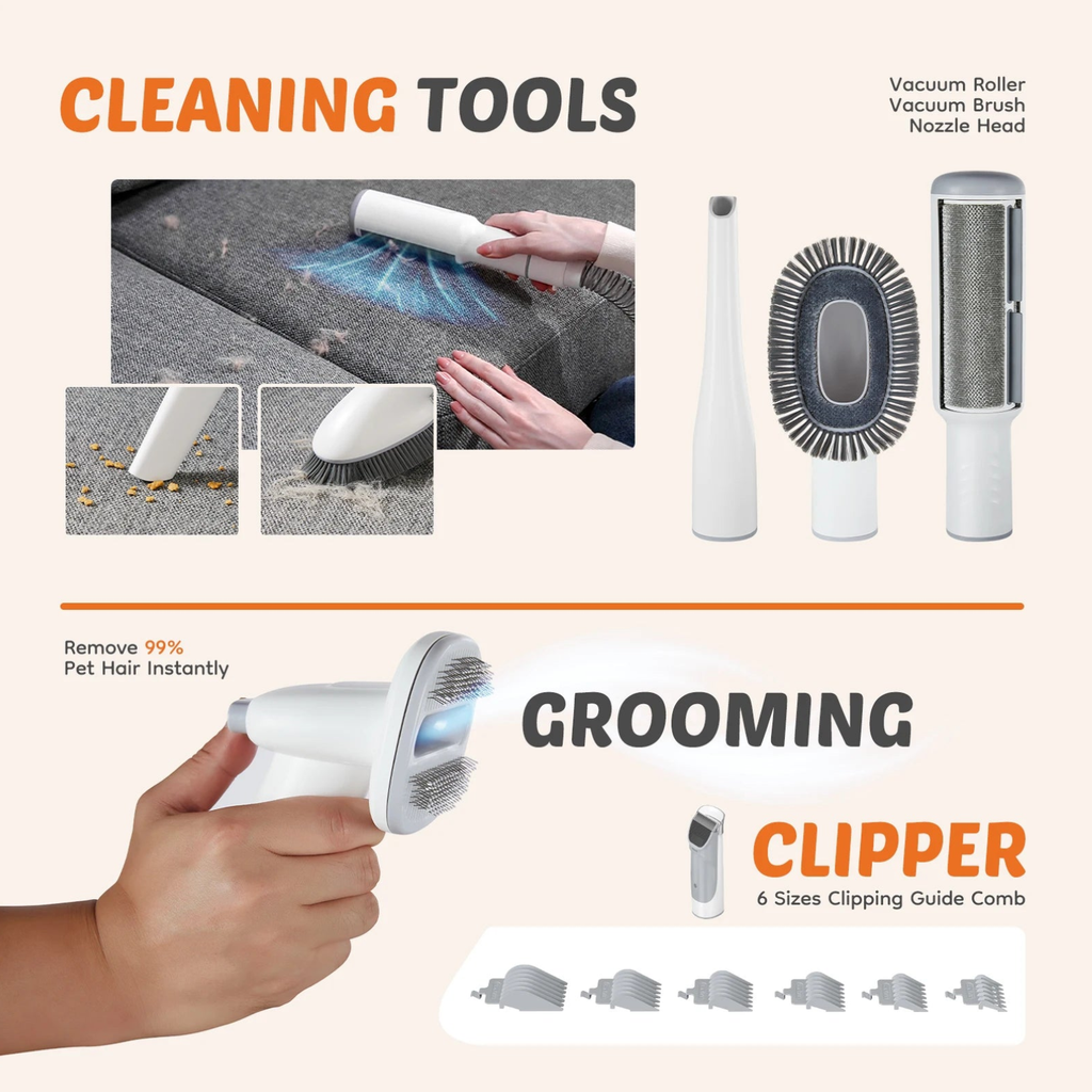 Pet grooming vacuum attachments laid out: vacuum roller, brush and nozzle heads plus the cordless grooming clipper and guide combs