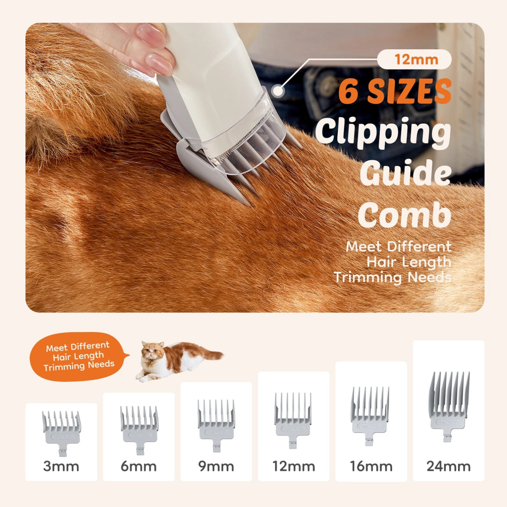 Cordless clipper with a 12mm guide comb trimming a dog's coat, above a row of six guide combs from 3mm to 24mm