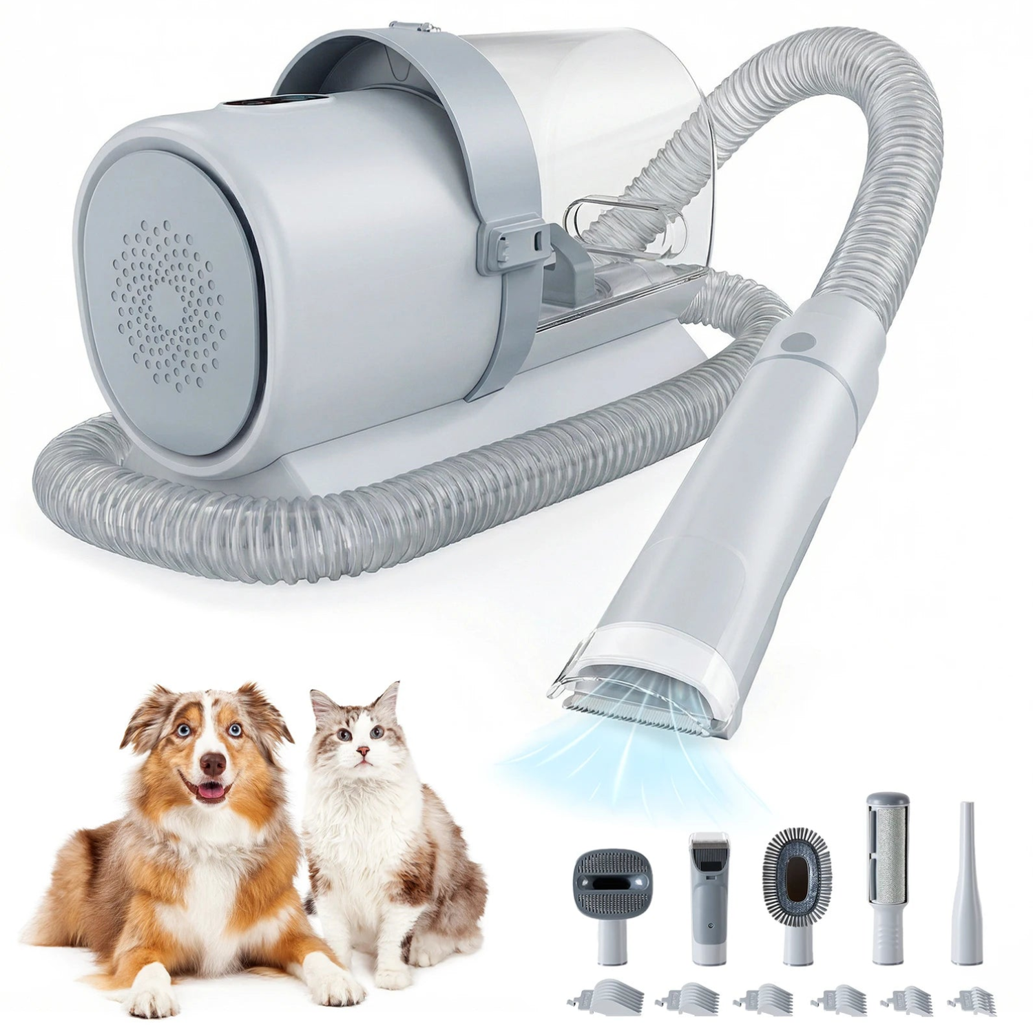 Pet grooming vacuum with clippers, coiled hose, suction nozzle and full set of brush and clipper heads for dogs and cats