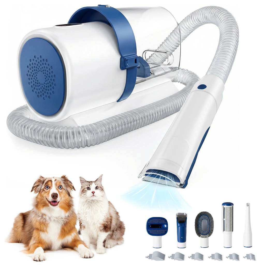 Blue and white pet grooming vacuum with clippers, hose, suction nozzle and grooming heads displayed with a dog and cat