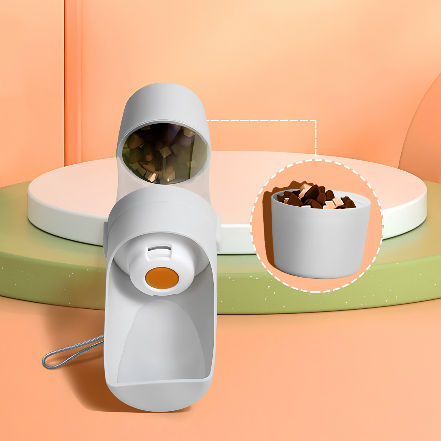 Portable dog water bottle with the bottom feeder compartment open to reveal a serving of dry kibble treats