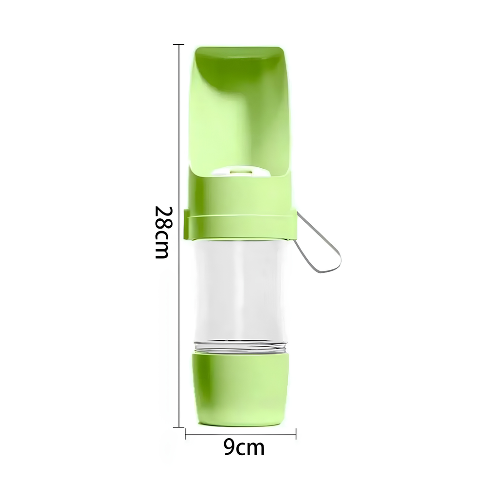 Side profile of the portable dog water bottle showing 28cm height and 9cm width with carry handle