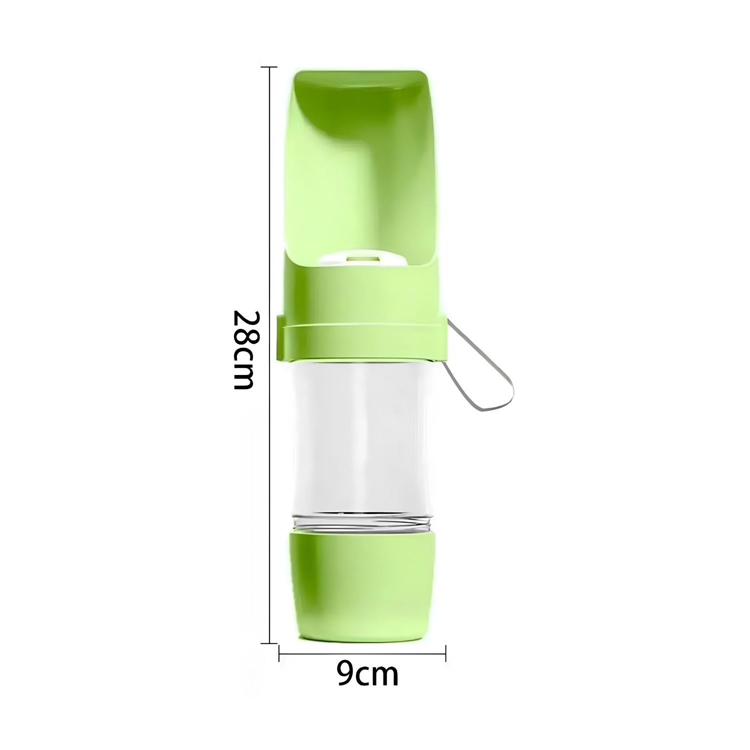 Side profile of the portable dog water bottle showing 28cm height and 9cm width with carry handle
