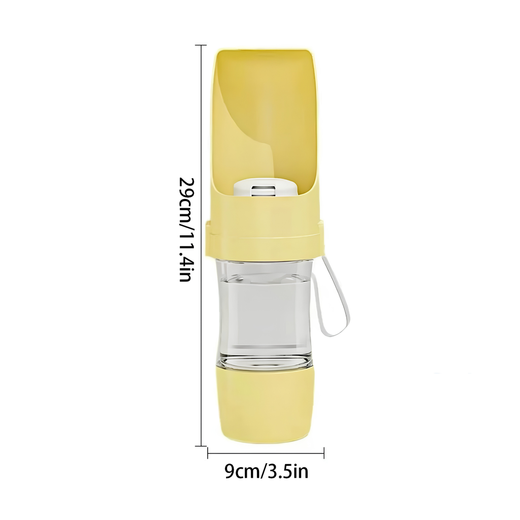 Portable dog water bottle in yellow shown upright with 29cm height and 9cm width dimension labels