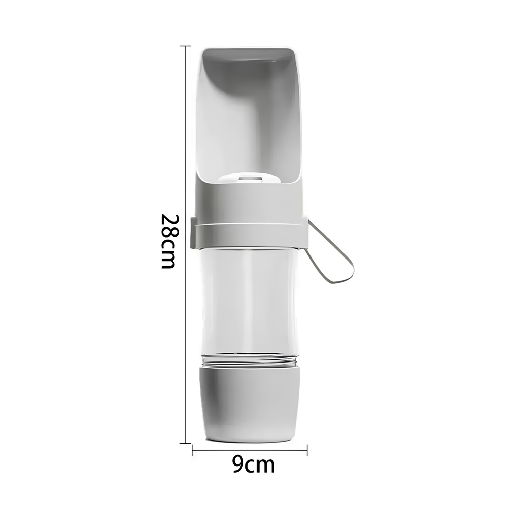 Portable dog water bottle in white shown from the side with 28cm height and 9cm width measurements